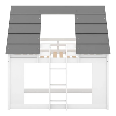 Twin Over Twin Wood House Bunk Bed With Roof And Built-in Ladder, White-ModernLuxe - Image 5