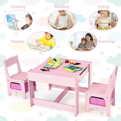 Costway 3 In 1 Kids Wood Table Chairs Set W/ Storage Box Blackboard Drawing Pink - Image 8