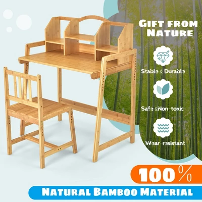 Costway Bamboo Kids Study Desk And Chair Set Height Adjustable Home School W/ Bookshelf - Image 6