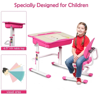 Costway Adjustable Children Study Desk Chair Set W/Winged Backrest Pink - Image 4