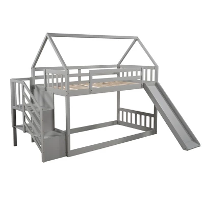 Twin Over Twin Bunk Bed In House Shape With Slide And Storage Staircase-ModernLuxe - Image 3