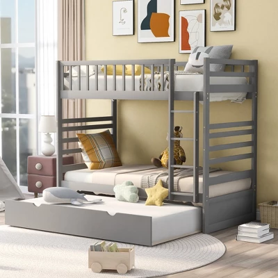 Twin Over Twin Wood Bunk Bed With Safety Rail And Movable Trundle-ModernLuxe - Image 14