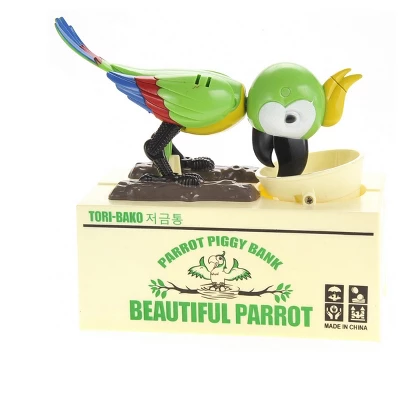 Insten Parrot Piggy Bank Robotic Coin Munching Toy Money Box, Green, 6.6x6.5 Inches