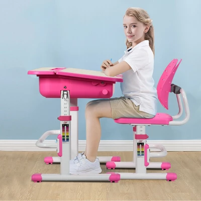 Costway Adjustable Children Study Desk Chair Set W/Winged Backrest Pink - Image 2