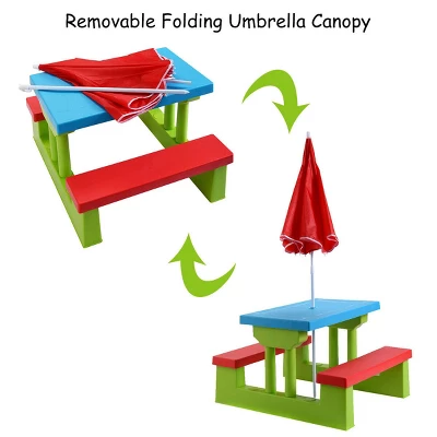 Costway 4 Seat Kids Picnic Table W/Umbrella Garden Yard Folding Children Bench Outdoor - Image 4