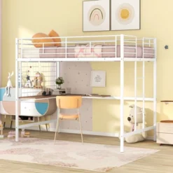 Full Size Metal Loft Bed With Desk And Grid - ModernLuxe