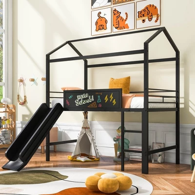 Twin Size Metal House Loft Bed With Slide And Two-Sided Writable Wooden Board-ModernLuxe - Image 8