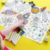 Merka Kids Toddler Essentials Coloring Placemats For Kids, Set Of 4 Mats With 7 Markers Jungle Space Sea Unicorns