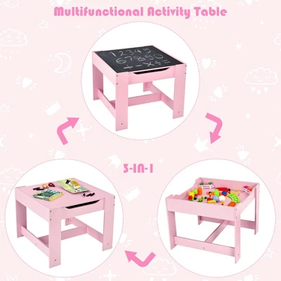Costway 3 In 1 Kids Wood Table Chairs Set W/ Storage Box Blackboard Drawing Pink - Image 6