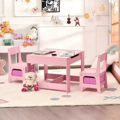 Costway 3 In 1 Kids Wood Table Chairs Set W/ Storage Box Blackboard Drawing Pink - Image 2
