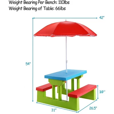 Costway 4 Seat Kids Picnic Table W/Umbrella Garden Yard Folding Children Bench Outdoor - Image 6