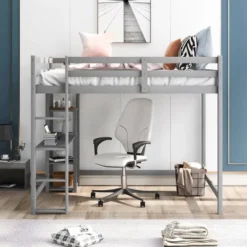Full Size Loft Bed With Built-in Desk And Shelves - ModernLuxe