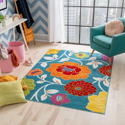 Well Woven Modern Daisy Flowers Blue Kids Room Floral Area Rug