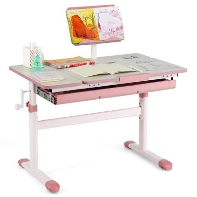 Costway Height-Adjustable Kids Desk Children Study Table With Tilt Desktop & Book Stand Blue/Pink - Image 10