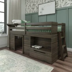 Max & Lily Loft Bed Twin Size Solid Wood Platform Bed Frame For Kids With Storage Drawer