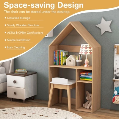 Costway Kids House-Shaped Table & Chair Set Wooden Toy Organizer Cabinet With Blackboard Grey/White - Image 5
