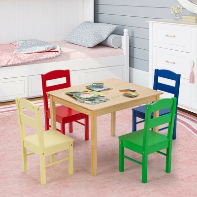 Costway Kids 5 Piece Table Chair Set Pine Wood Multicolor Children Play Room Furniture - Image 2