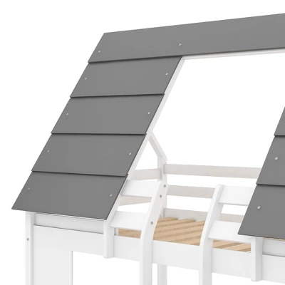 Twin Over Twin Wood House Bunk Bed With Roof And Built-in Ladder, White-ModernLuxe - Image 8