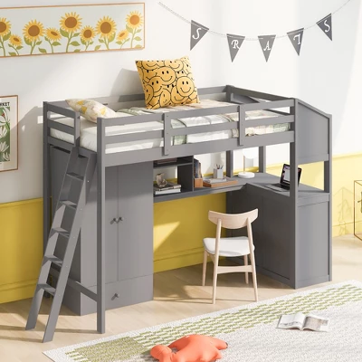Twin Size Loft Bed With Wardrobe, Drawers And Desk With Shelves - ModernLuxe - Image 2