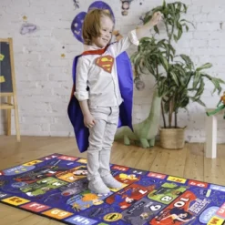 KC CUBS | Justice League Boys & Girls Kids Hopscotch Number Counting Educational Learning & Game Nursery Bedroom Classroom Rug Carpet, 2' 7" X 6' 0"