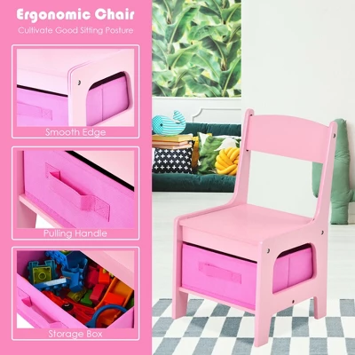 Costway 3 In 1 Kids Wood Table Chairs Set W/ Storage Box Blackboard Drawing Pink - Image 9