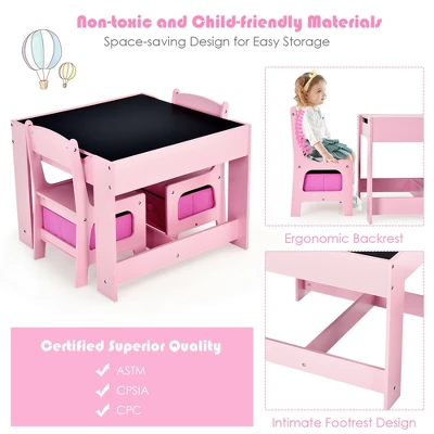 Costway 3 In 1 Kids Wood Table Chairs Set W/ Storage Box Blackboard Drawing Pink - Image 7