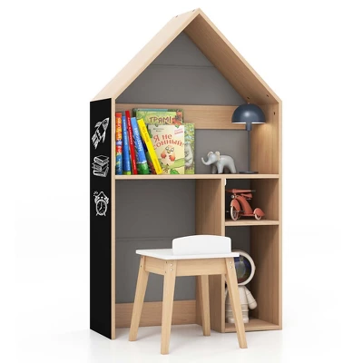 Costway Kids House-Shaped Table & Chair Set Wooden Toy Organizer Cabinet With Blackboard Grey/White - Image 10