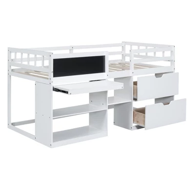 Twin Size Low Loft Bed With Rolling Desk, Shelves And Drawers - ModernLuxe - Image 3