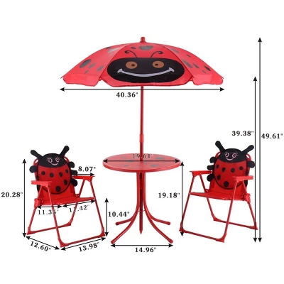 Costway Kids Patio Set Table And 2 Folding Chairs W/ Umbrella Beetle Outdoor Garden Yard - Image 2