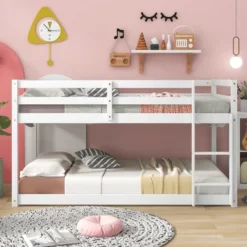 Twin Over Twin Floor Bunk Bed With Ladder And Safety Guardrail-ModernLuxe