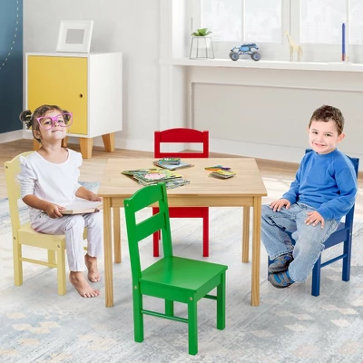 Costway Kids 5 Piece Table Chair Set Pine Wood Multicolor Children Play Room Furniture - Image 4