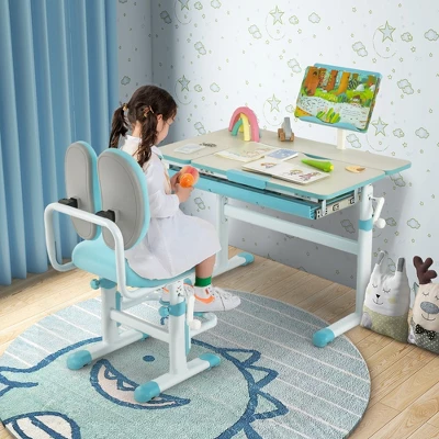 Costway Height-Adjustable Kids Desk Children Study Table With Tilt Desktop & Book Stand Blue/Pink - Image 3