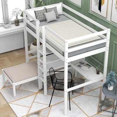 Convertible Loft Bed With L Shaped Desk, Shelf And Ladder, White - ModernLuxe - Image 2