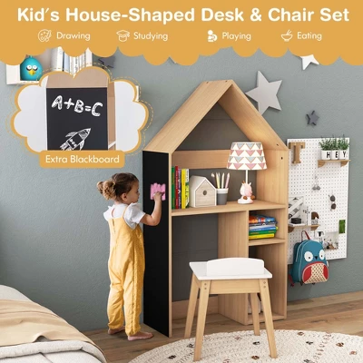 Costway Kids House-Shaped Table & Chair Set Wooden Toy Organizer Cabinet With Blackboard Grey/White - Image 8
