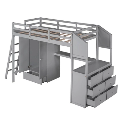 Twin Size Loft Bed With Wardrobe, Drawers And Desk With Shelves - ModernLuxe - Image 6