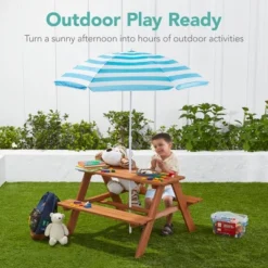 Best Choice Products Kids Wooden Picnic Table, Outdoor Activity Table W/ Adjustable Umbrella, Built-In Seats