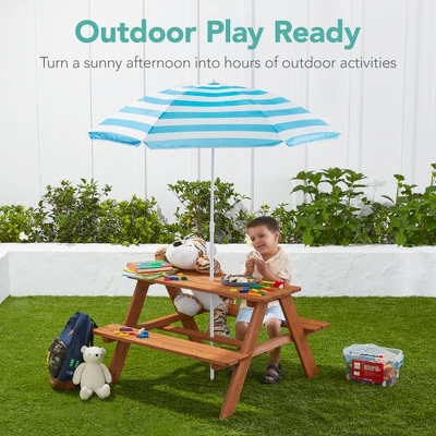 Best Choice Products Kids Wooden Picnic Table, Outdoor Activity Table W/ Adjustable Umbrella, Built-In Seats