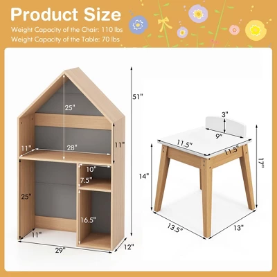 Costway Kids House-Shaped Table & Chair Set Wooden Toy Organizer Cabinet With Blackboard Grey/White - Image 3