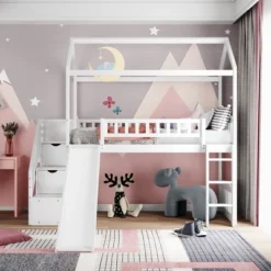 Twin Size House Shape Loft Bed With Two Drawers And Slide - ModernLuxe