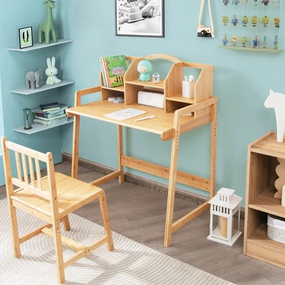 Costway Bamboo Kids Study Desk And Chair Set Height Adjustable Home School W/ Bookshelf - Image 4