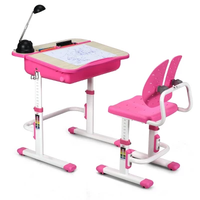 Costway Adjustable Children Study Desk Chair Set W/Winged Backrest Pink - Image 9