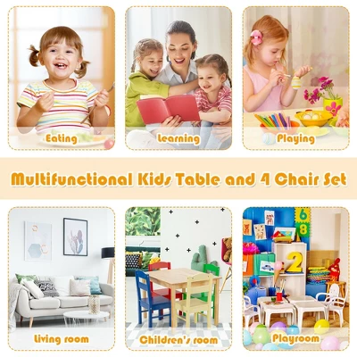 Costway Kids 5 Piece Table Chair Set Pine Wood Multicolor Children Play Room Furniture - Image 6