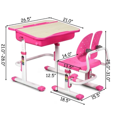 Costway Adjustable Children Study Desk Chair Set W/Winged Backrest Pink - Image 7