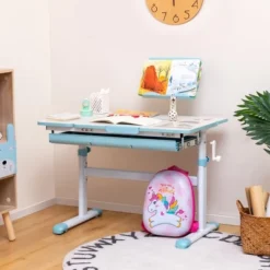 Costway Height-Adjustable Kids Desk Children Study Table With Tilt Desktop & Book Stand Blue/Pink
