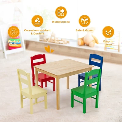Costway Kids 5 Piece Table Chair Set Pine Wood Multicolor Children Play Room Furniture - Image 5