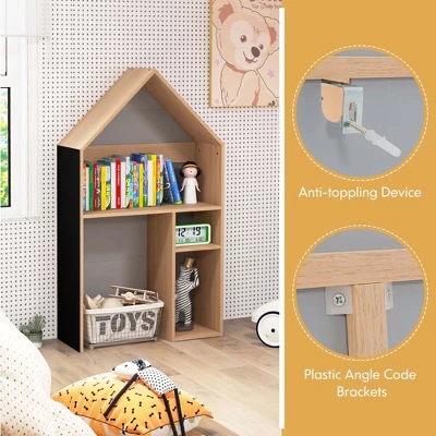 Costway Kids House-Shaped Table & Chair Set Wooden Toy Organizer Cabinet With Blackboard Grey/White - Image 6