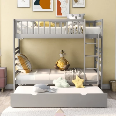 Twin Over Twin Wood Bunk Bed With Safety Rail And Movable Trundle-ModernLuxe