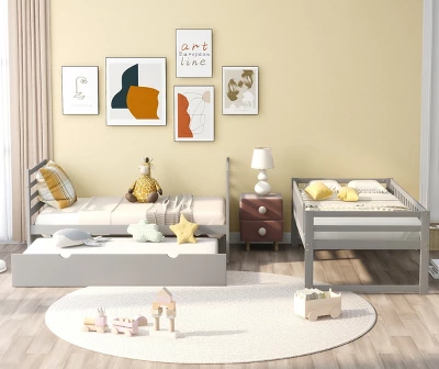 Twin Over Twin Wood Bunk Bed With Safety Rail And Movable Trundle-ModernLuxe - Image 4