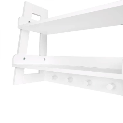 Kids' 2 Tier Ladder Wall Shelf With Hooks White - RiverRidge Home
