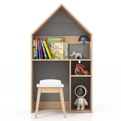 Costway Kids House-Shaped Table & Chair Set Wooden Toy Organizer Cabinet With Blackboard Grey/White - Image 9